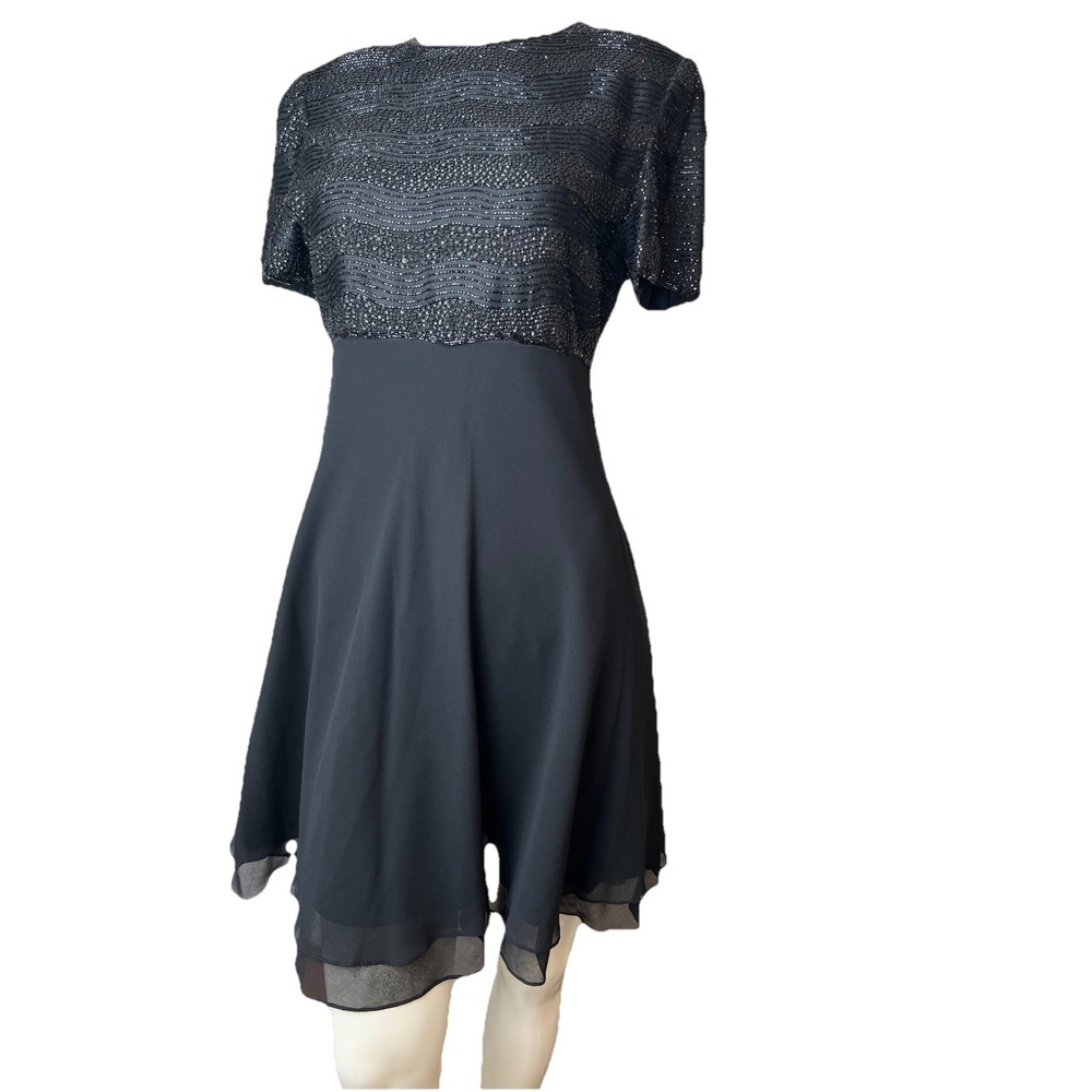Laurence Kazar Vintage Black Beaded Polyester Chiffon Layered  Black Dress M